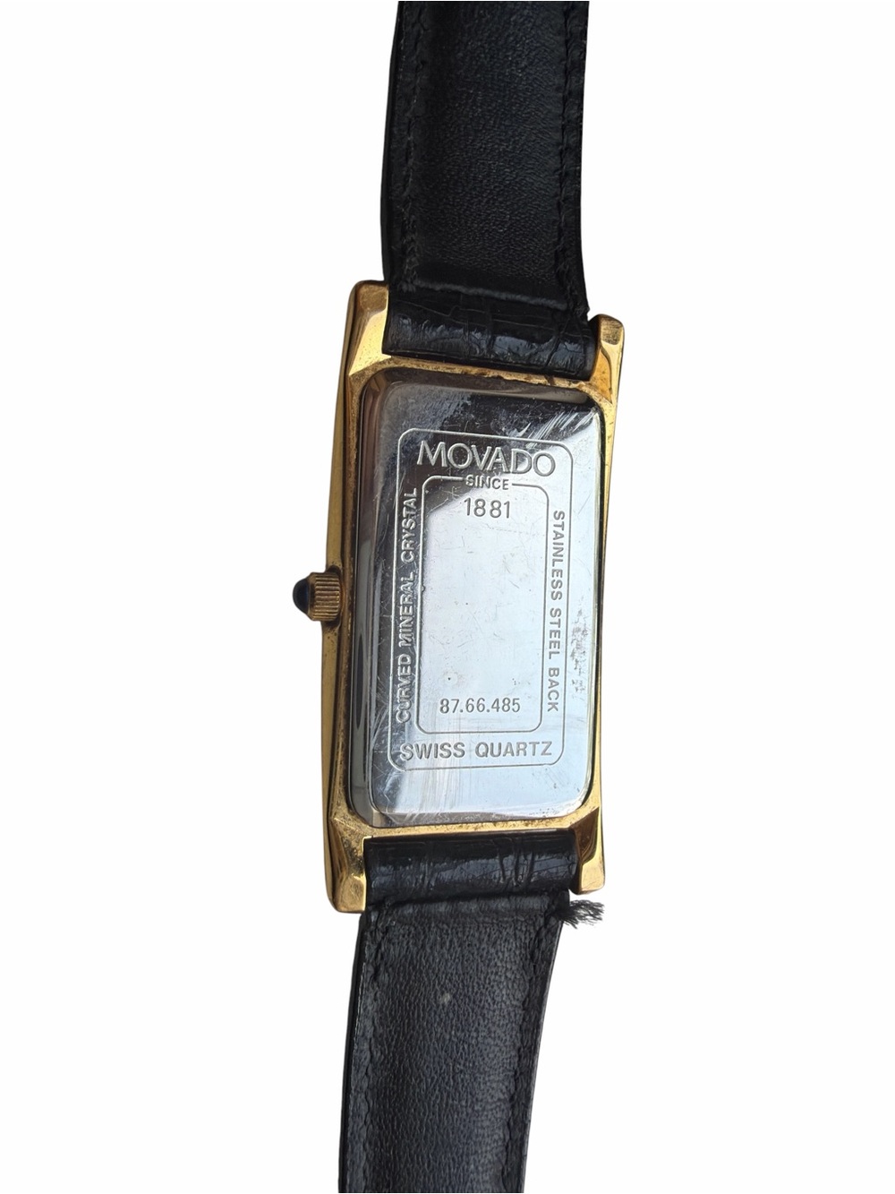 Vintage Movado 18k Gold Plated Tank Watch Black Leather Strap Sapphire Crown - Picture 9 of 16
